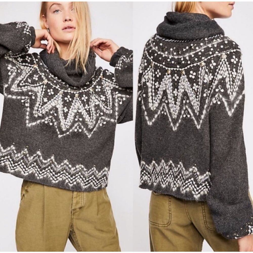 Free People Womens Treasure Pullover Sweater Fair Isle Embellished Holiday Gray